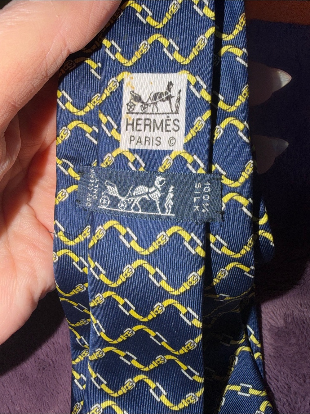 Hermès Navy and Yellow Chain-Link Silk Tie